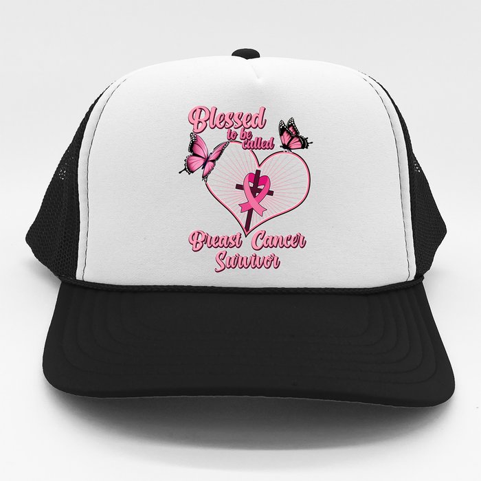 Blessed To Be Called Breast Cancer Survivor Butterflies Ribbon Cross Trucker Hat