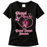 Blessed To Be Called Breast Cancer Survivor Butterflies Ribbon Cross Womens T-Shirt