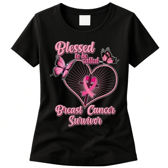 Blessed To Be Called Breast Cancer Survivor Butterflies Ribbon Cross Womens T-Shirt