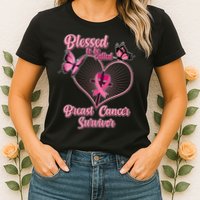 Blessed To Be Called Breast Cancer Survivor Butterflies Ribbon Cross Womens T-Shirt