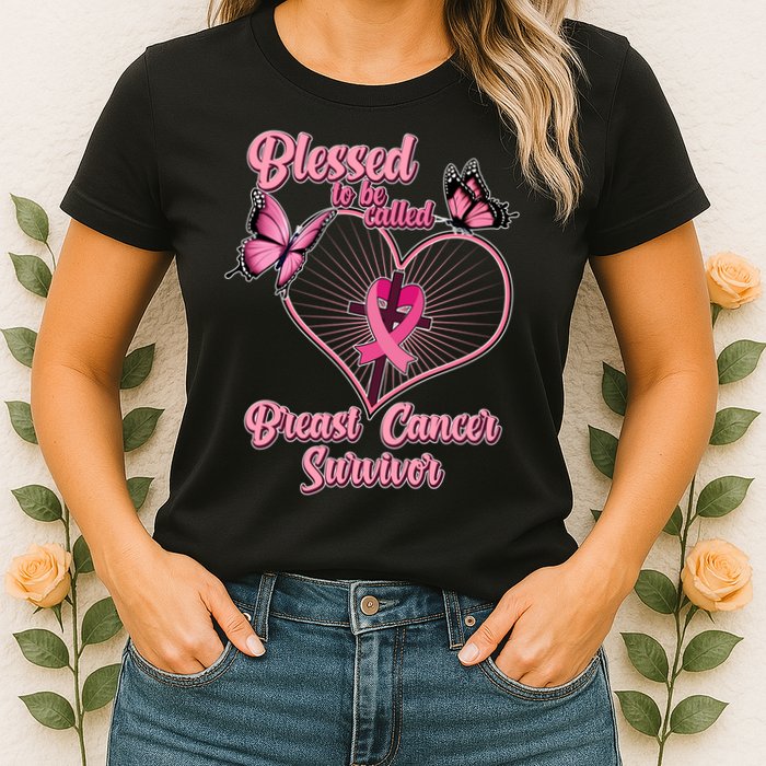 Blessed To Be Called Breast Cancer Survivor Butterflies Ribbon Cross Womens T-Shirt