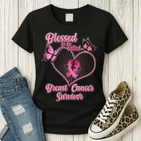 Blessed To Be Called Breast Cancer Survivor Butterflies Ribbon Cross Womens T-Shirt