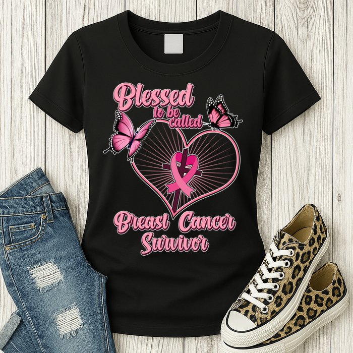 Blessed To Be Called Breast Cancer Survivor Butterflies Ribbon Cross Womens T-Shirt