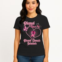 Blessed To Be Called Breast Cancer Survivor Butterflies Ribbon Cross Womens T-Shirt
