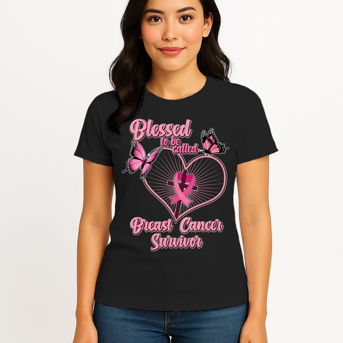 Blessed To Be Called Breast Cancer Survivor Butterflies Ribbon Cross Womens T-Shirt