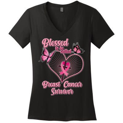 Blessed To Be Called Breast Cancer Survivor Butterflies Ribbon Cross Women's V-Neck T-Shirt