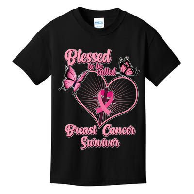Blessed To Be Called Breast Cancer Survivor Butterflies Ribbon Cross Kids T-Shirt