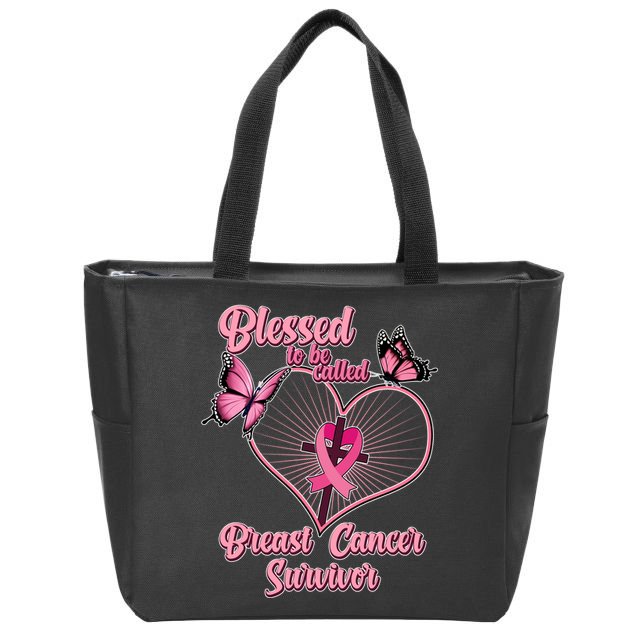 Blessed To Be Called Breast Cancer Survivor Butterflies Ribbon Cross Zip Tote Bag