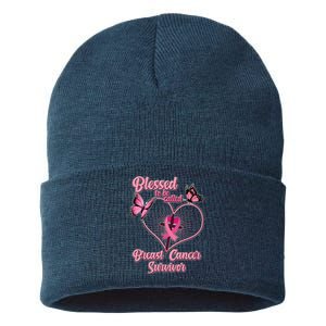 Blessed To Be Called Breast Cancer Survivor Butterflies Ribbon Cross Sustainable Knit Beanie