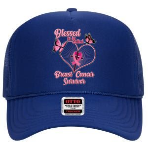 Blessed To Be Called Breast Cancer Survivor Butterflies Ribbon Cross High Crown Mesh Back Trucker Hat