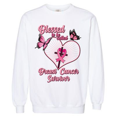 Blessed To Be Called Breast Cancer Survivor Butterflies Ribbon Cross Garment-Dyed Sweatshirt