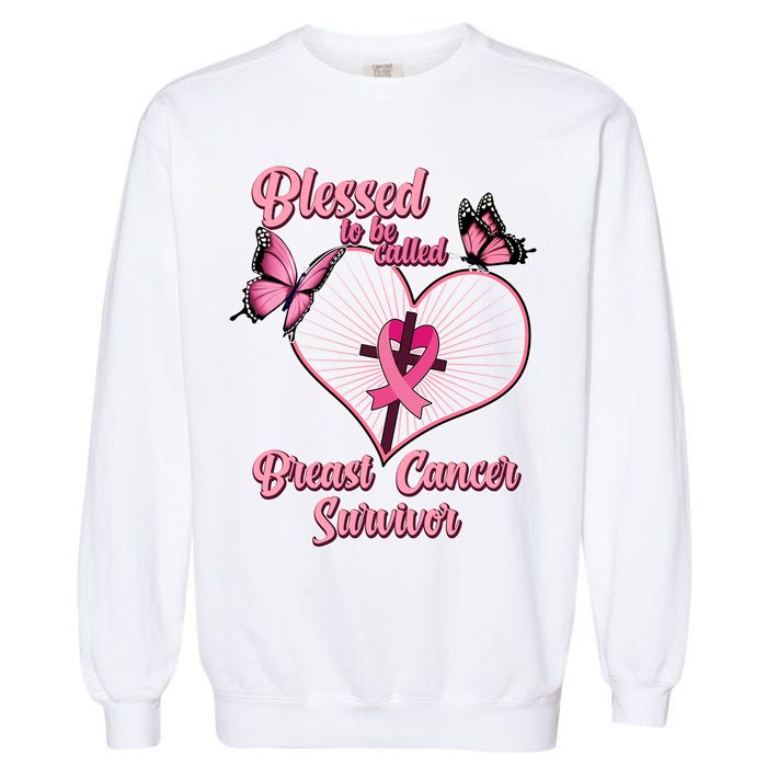 Blessed To Be Called Breast Cancer Survivor Butterflies Ribbon Cross Garment-Dyed Sweatshirt