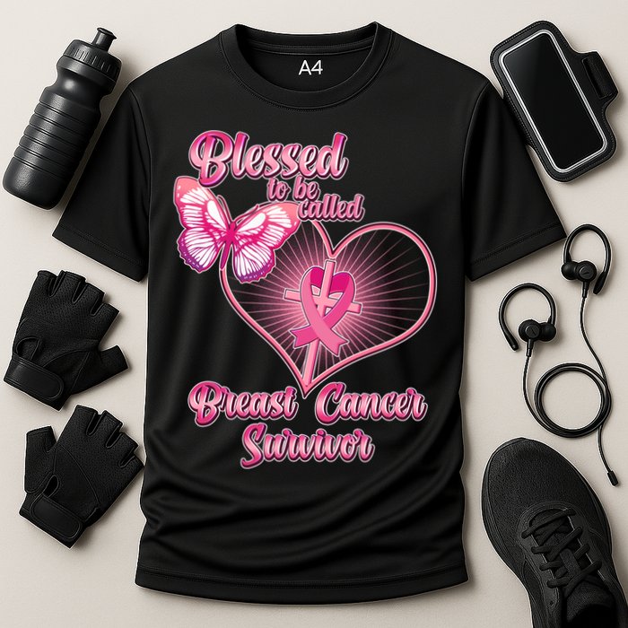 Blessed To Be Called Breast Cancer Survivor Pink Ribbon Cross Cooling Performance Crew T-Shirt