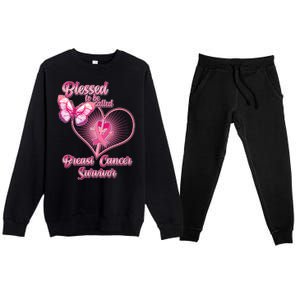 Blessed To Be Called Breast Cancer Survivor Pink Ribbon Cross Premium Crewneck Sweatsuit Set