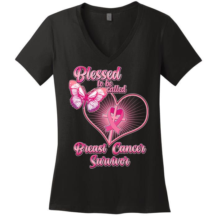 Blessed To Be Called Breast Cancer Survivor Pink Ribbon Cross Women's V-Neck T-Shirt