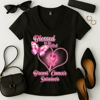 Blessed To Be Called Breast Cancer Survivor Pink Ribbon Cross Women's V-Neck T-Shirt