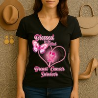Blessed To Be Called Breast Cancer Survivor Pink Ribbon Cross Women's V-Neck T-Shirt