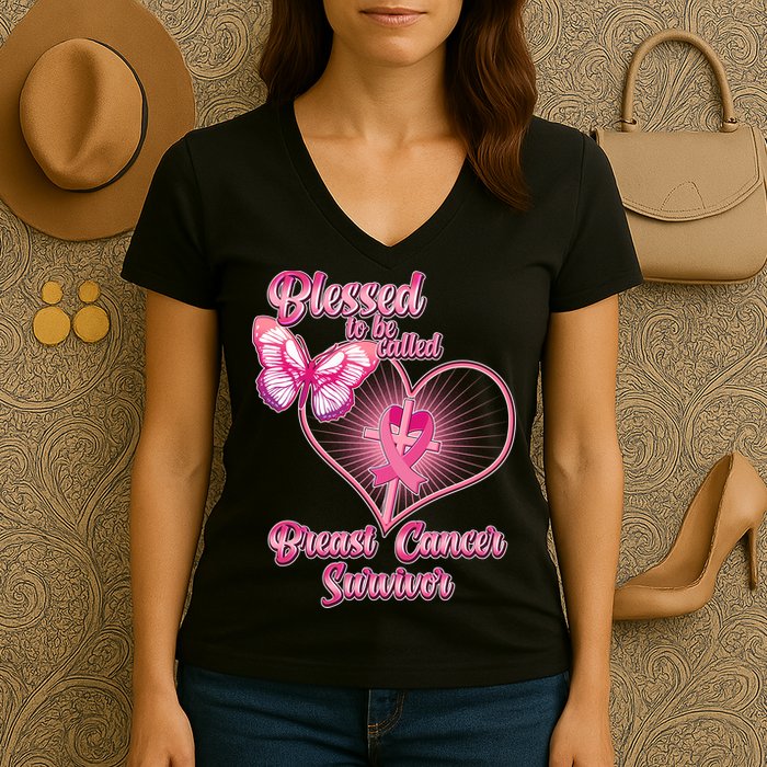 Blessed To Be Called Breast Cancer Survivor Pink Ribbon Cross Women's V-Neck T-Shirt
