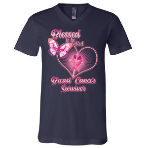 Blessed To Be Called Breast Cancer Survivor Pink Ribbon Cross V-Neck T-Shirt