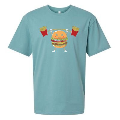 Burger Lifting Fries Funny Food Graphic Plus Size Shirt For Girl Boy Unisex Sueded Cloud Jersey T-Shirt