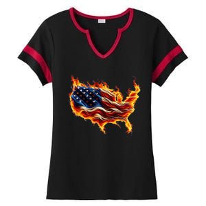 Burning Love Fire And Flames Love Patriotic American Flag Ladies Halftime Notch Neck Tee