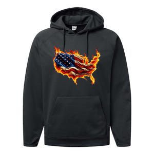 Burning Love Fire And Flames Love Patriotic American Flag Performance Fleece Hoodie