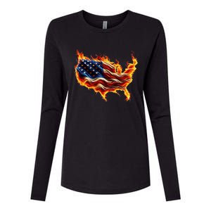 Burning Love Fire And Flames Love Patriotic American Flag Womens Cotton Relaxed Long Sleeve T-Shirt