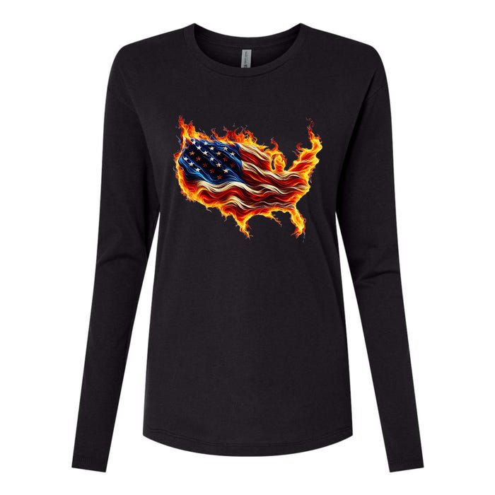 Burning Love Fire And Flames Love Patriotic American Flag Womens Cotton Relaxed Long Sleeve T-Shirt