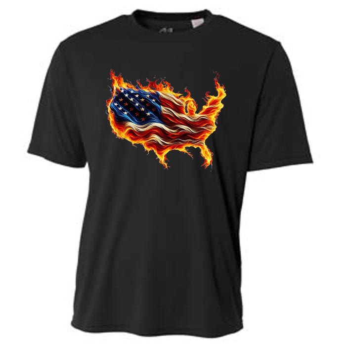 Burning Love Fire And Flames Love Patriotic American Flag Cooling Performance Crew T-Shirt