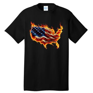 Burning Love Fire And Flames Love Patriotic American Flag Tall T-Shirt