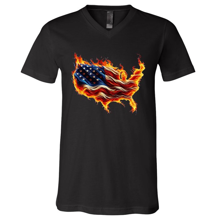 Burning Love Fire And Flames Love Patriotic American Flag V-Neck T-Shirt