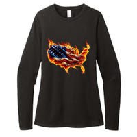 Burning Love Fire And Flames Love Patriotic American Flag Womens CVC Long Sleeve Shirt