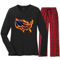 Burning Love Fire And Flames Love Patriotic American Flag Women's Long Sleeve Flannel Pajama Set 