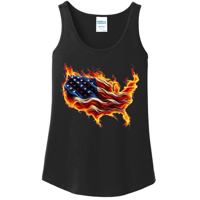 Burning Love Fire And Flames Love Patriotic American Flag Ladies Essential Tank