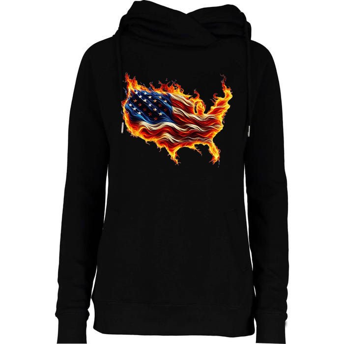 Burning Love Fire And Flames Love Patriotic American Flag Womens Funnel Neck Pullover Hood