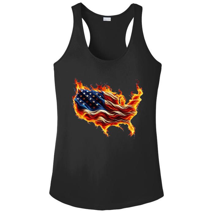 Burning Love Fire And Flames Love Patriotic American Flag Ladies PosiCharge Competitor Racerback Tank