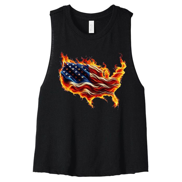 Burning Love Fire And Flames Love Patriotic American Flag Women's Racerback Cropped Tank