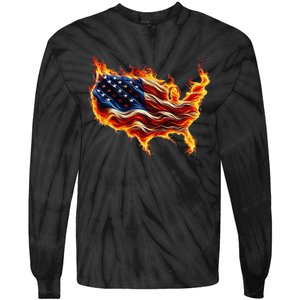 Burning Love Fire And Flames Love Patriotic American Flag Tie-Dye Long Sleeve Shirt