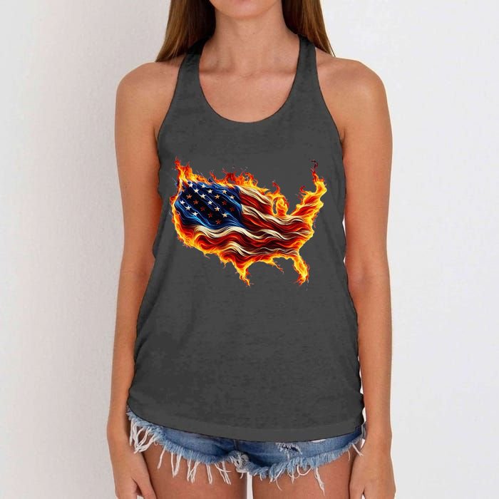 Burning Love Fire And Flames Love Patriotic American Flag Women's Knotted Racerback Tank