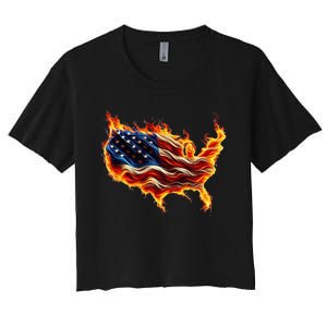 Burning Love Fire And Flames Love Patriotic American Flag Women's Crop Top Tee