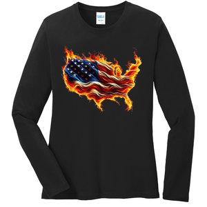 Burning Love Fire And Flames Love Patriotic American Flag Ladies Long Sleeve Shirt