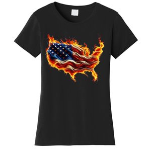 Burning Love Fire And Flames Love Patriotic American Flag Women's T-Shirt