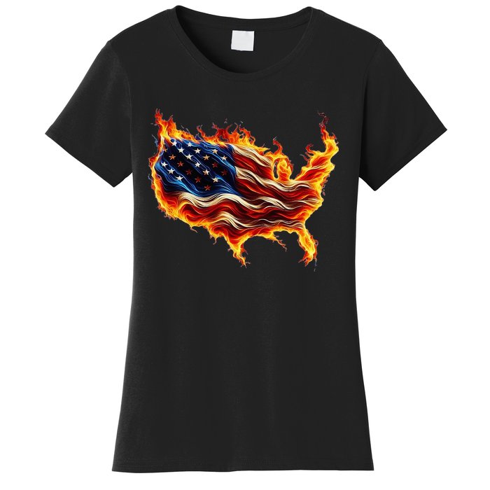 Burning Love Fire And Flames Love Patriotic American Flag Women's T-Shirt