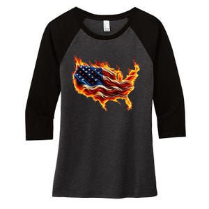 Burning Love Fire And Flames Love Patriotic American Flag Women's Tri-Blend 3/4-Sleeve Raglan Shirt