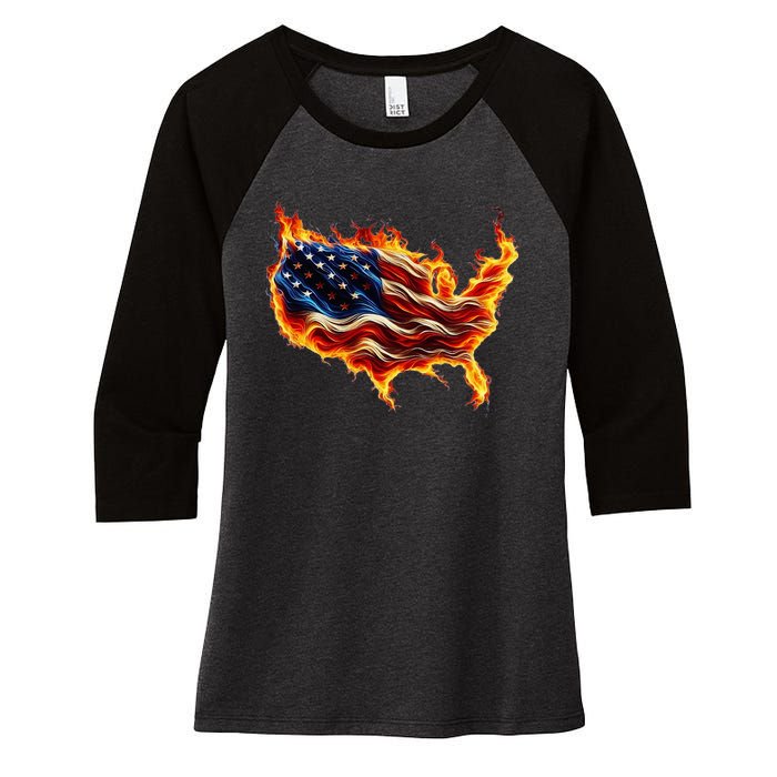 Burning Love Fire And Flames Love Patriotic American Flag Women's Tri-Blend 3/4-Sleeve Raglan Shirt