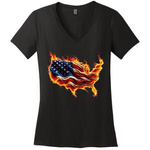 Burning Love Fire And Flames Love Patriotic American Flag Women's V-Neck T-Shirt