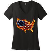 Burning Love Fire And Flames Love Patriotic American Flag Women's V-Neck T-Shirt