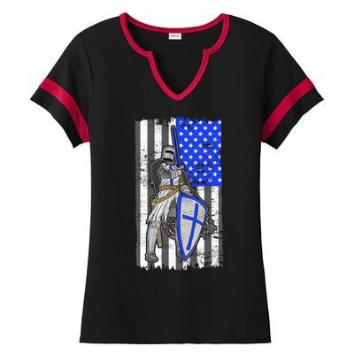 Blue Line Flag Templar Knight Warrior Ladies Halftime Notch Neck Tee