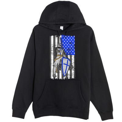 Blue Line Flag Templar Knight Warrior Premium Pullover Hoodie