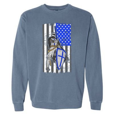 Blue Line Flag Templar Knight Warrior Garment-Dyed Sweatshirt